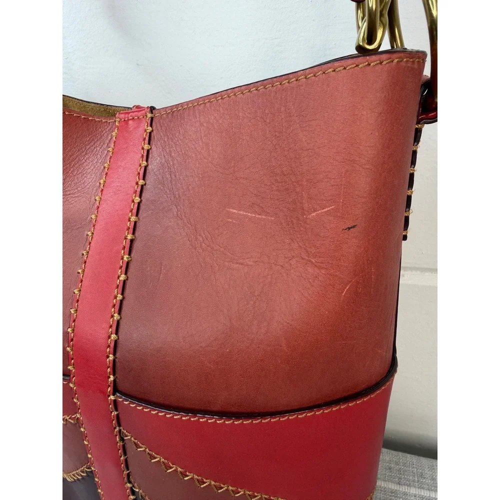 FRYE Ilana‎ Red Color Block Bucket Hobo Bag Purse RARE Boho Western